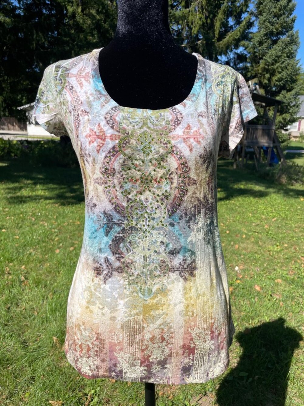 Vintage Y2K 90s Tee Shirt Colorful Mandala Rhinestone Sheer S Indie Fairy Grunge